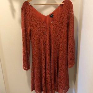 Red Terra-cotta Laced Bell sleeve fluted dress